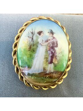 Antique Hand-Painted Porcelain Brooch With Romantic Scene Gold-Tone Frame Oval